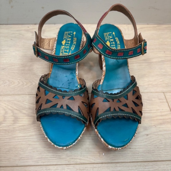 L'Artiste Acela Leather Open Toe Sandal 38 Cut Out Heels Boho Artsy Festival 90s - Picture 2 of 11